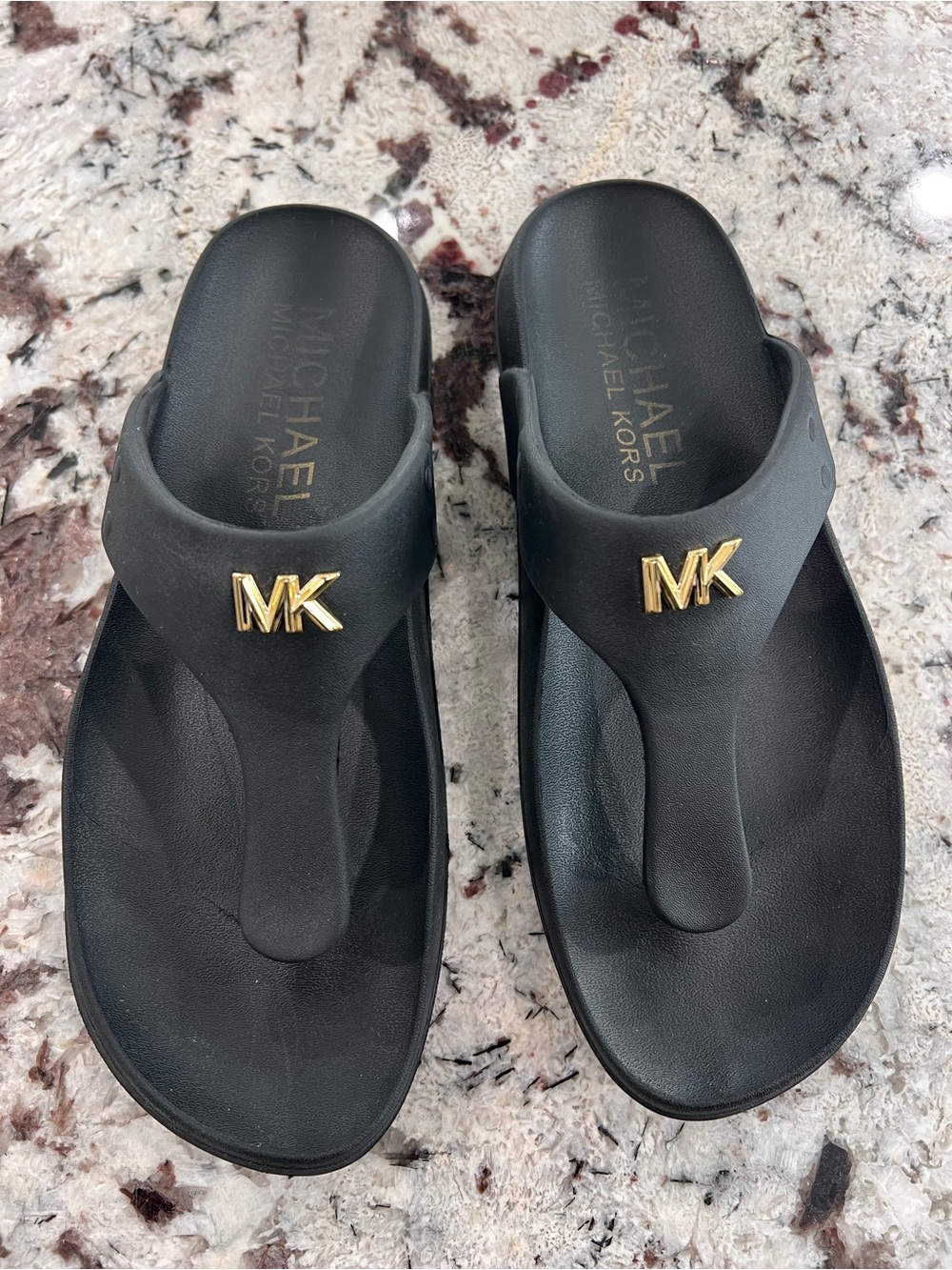 Michael Kors Black Sandal Thongs with Gold MK Logo